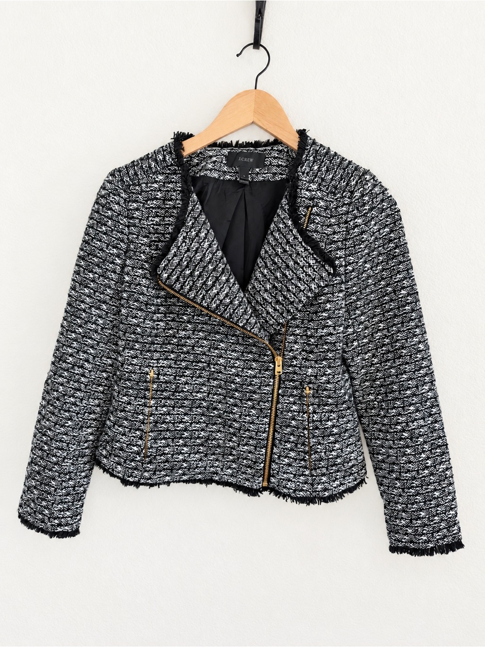 J Crew Tweed Fringe Moto Style Zip Black White Jacket Size 2